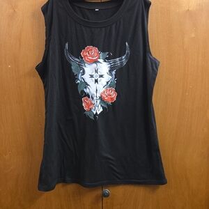 Black Sleeveless Top with Skull and Rose Design